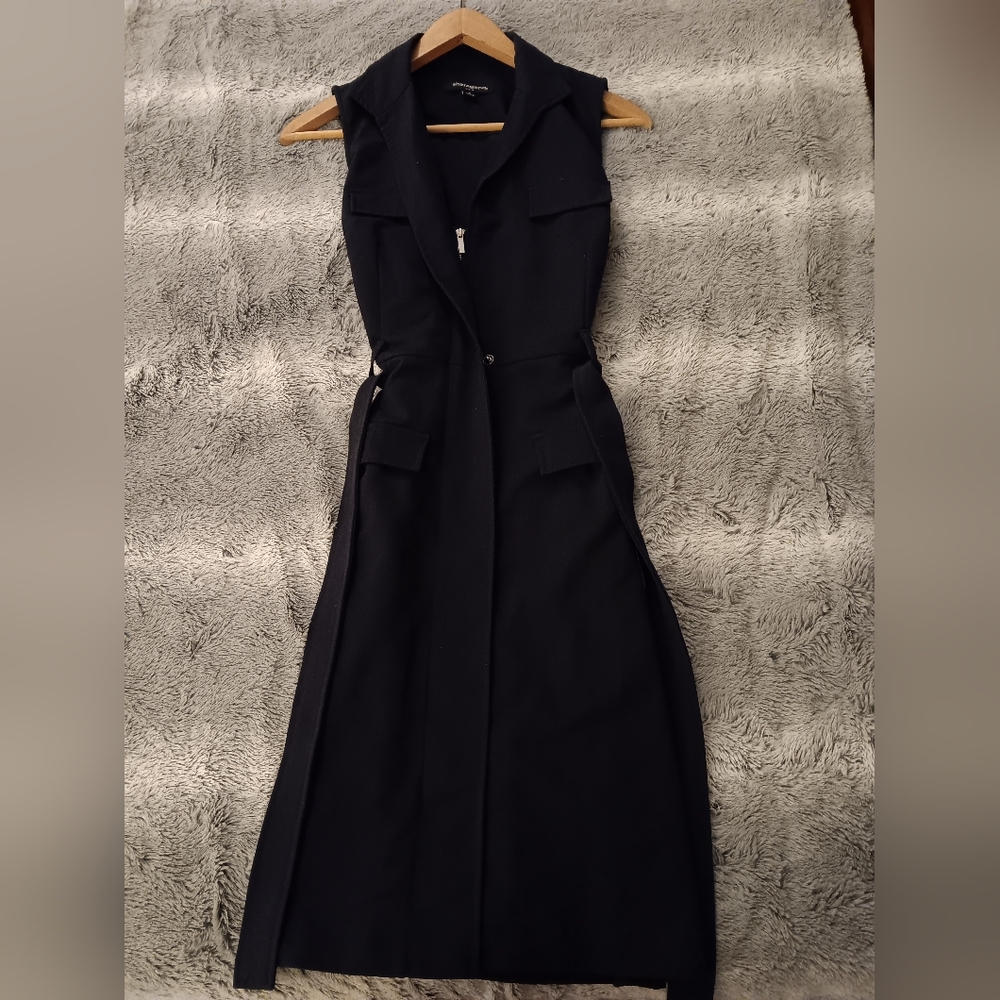 Sharagano | Structured Low Front Zip Black Sleeveless Midi Dress | NWOT